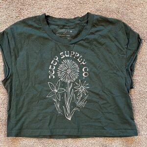 Jetty Supply Co. deep Green Women's crop top rolled short sleeve floral logo M